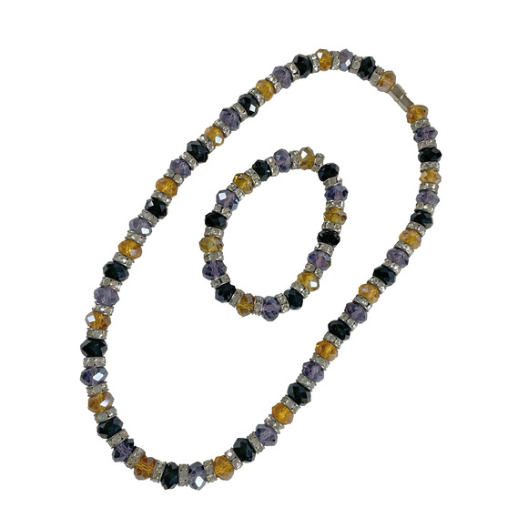 Artisan Made Faceted Beaded Necklace Bracelet Black Purple Silver Yellow Gold - Picture 1 of 7